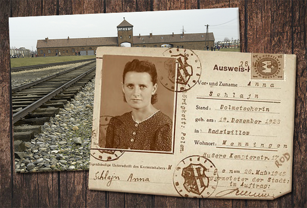 Passport on top of photo of Auschwitz-Birkenau